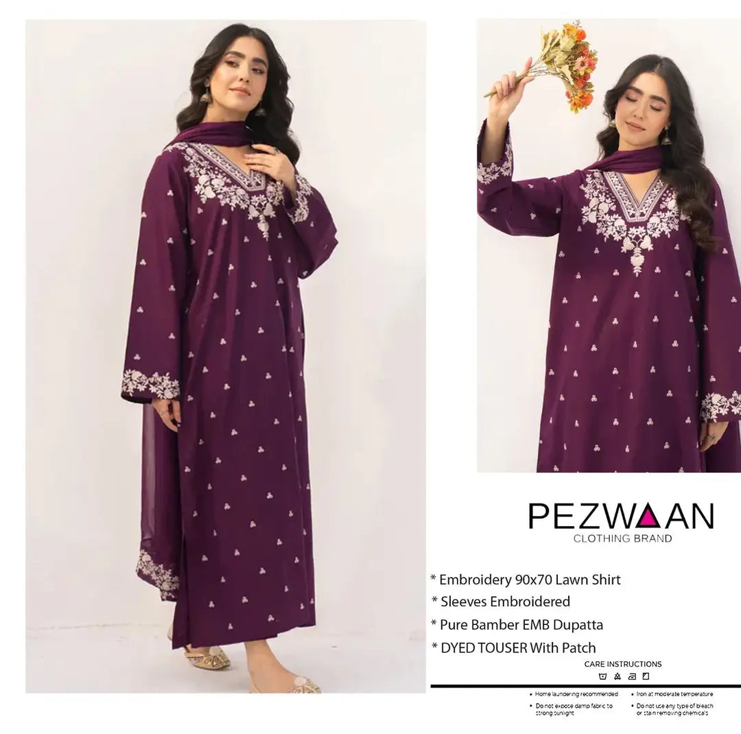 3 Pcs Women's Unstitched Embroidered Suit